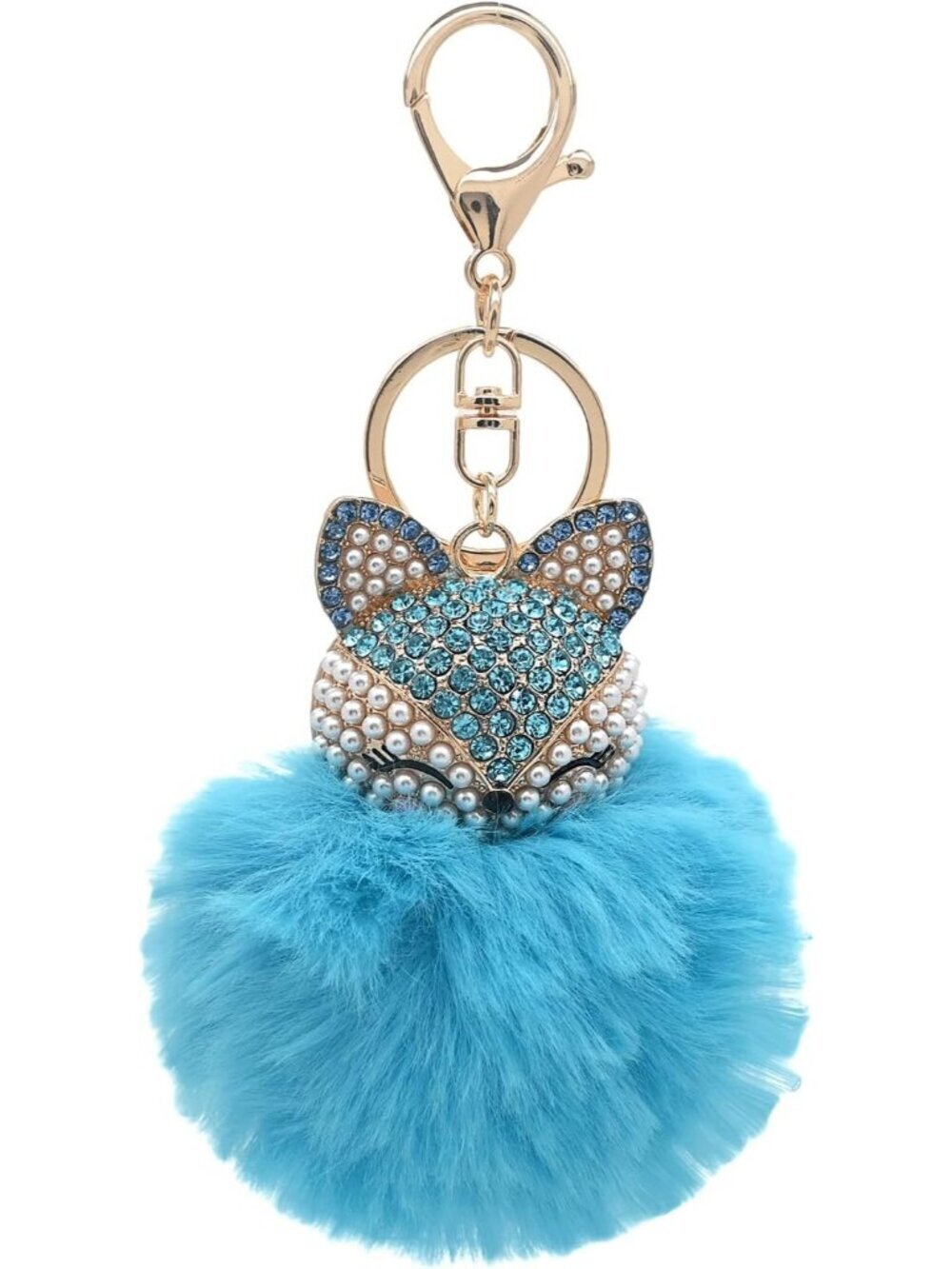 Women's Blue Head Keychain with Faux Fur Pom-Pom Bling Rhinestones Simulated